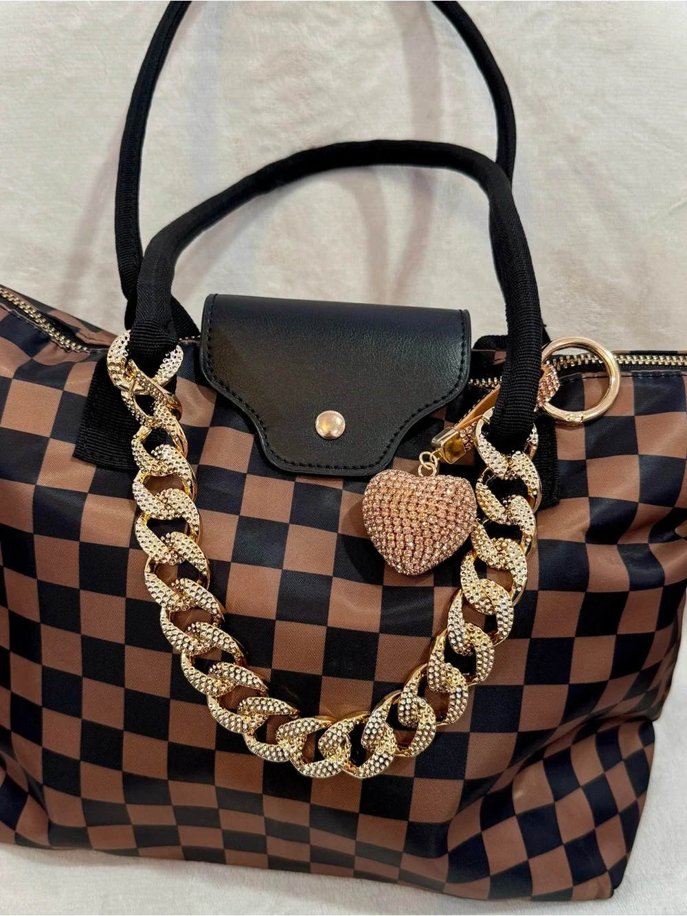 New Classic Brown Checkered Hobo Bag w/ Crossbody Strap